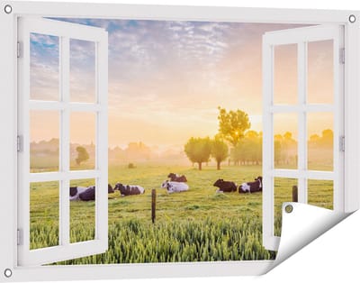 Gards Tuinposter Doorkijk Koeien in de Wei tijdens Zonsopgang - 90x60 cm - Tuindoek - Tuindecoratie - Wanddecoratie buiten - Tuinschilderij