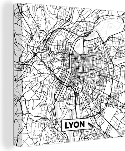 Canvas Schilderij Lyon - Stadskaart - Frankrijk - Kaart - Plattegrond - Zwart wit - 20x20 cm - Wanddecoratie