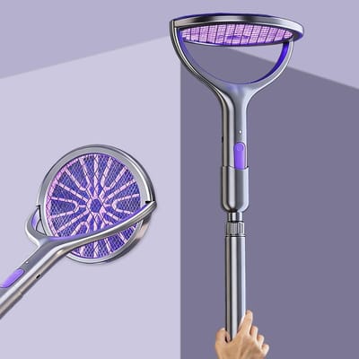 Elektrisch insectenracket - roterende kop - elektrische muggenracket, met telescopische verlenging en basis voor elektrisch vliegenracket, oplaadbaar, UV, voor binnen en buiten