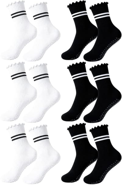 Dailygoods- Pilates Sokken Antislip - Set van 6 Paar - Ruches Design - Zwart/Wit - Ademend Polyester - Maximaal Grip - Yogasokken
