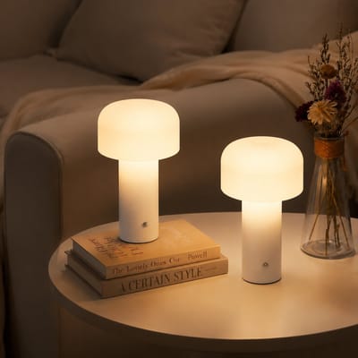 Glitzerlife - Tafellamp Bedlampje -2 stuks Nachtlampje - Draadloos Oplaadbaar - LED Paddenstoel Tafellamp - 3 Kleurtemperaturen Dimbaar Geheugenfunctie USB-C Snelladen Oogbeschermend - IJzeren - Ø12.5cm - Wit
