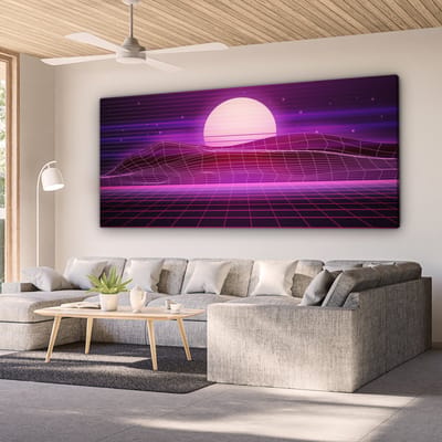 Canvas schilderij 160x80 cm - Wanddecoratie Gaming - Neon - Retro - Paars - Zon - Gamen - Muurdecoratie game room - Gaming kamer decoratie - Gameroom accessoires - Schilderijen
