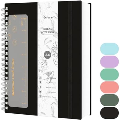 SnelShoppen - A4 Spiral Notebook 300 Pagina's, 100gsm Inktvrij Papier, PVC Hard Cover, Met Liniaal, Expandable Pocket, 21x28cm - Zwart
