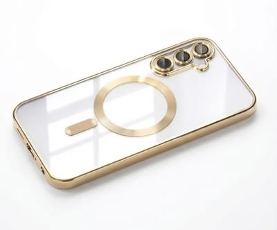 Transparant goudkleurig telefoon hoesje met metallic randen – geschikt voor Samsung A16 MagSafe – luxe backcover met MagSafe ring en camera bescherming