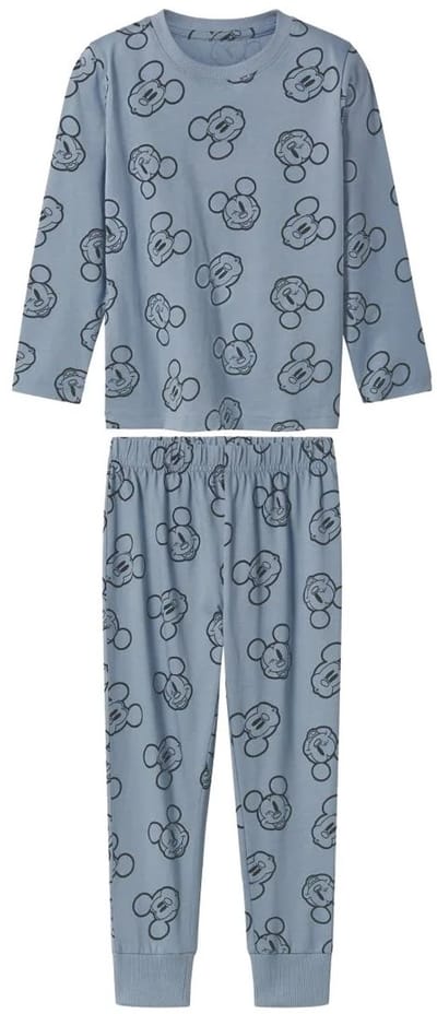 Kinder pyjama Disney Mickey Mouse - Lichtblauw - 98/104 - 2-4 jaar - Pyama - 100% katoen - Met boordjes aan het uiteinde van de broekspijpen - Mickey all-over-print - ronde hals
