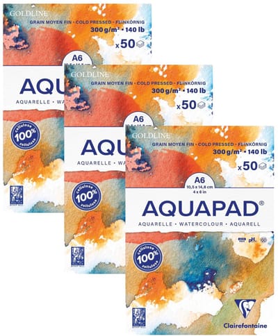 Clairefontaine Goldline Aquapad - Aquarelblok - Aquarelpapier - A6 - 300 g - 50 Vel - 3 Stuks