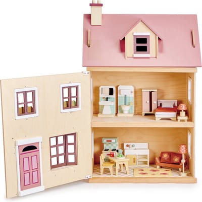 [A] Tender Leaf uniek houten poppenhuis Villa Foxtail XXL 3 verdiepingen inclusief houten poppen familie en meubelset - 40 x 72 x 90 cm