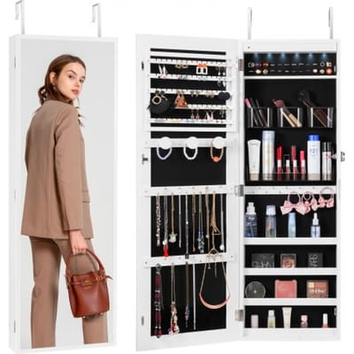 VEVOR afsluitbare sieradenkast, spiegelkast, 108 cm hoog, sieradenopbergruimte met lange spiegel, sieradenspiegelorganizer met led-binnenverlichting en fluwelen voering, wit