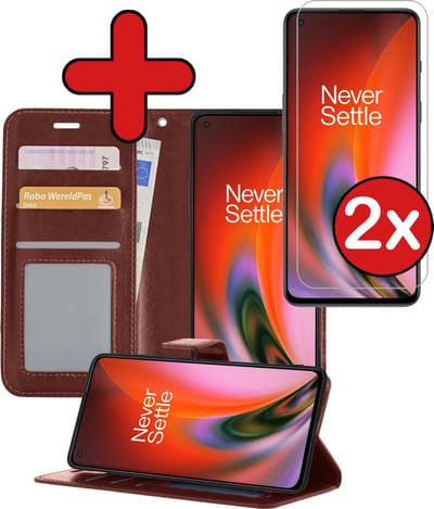 Hoesje - Met 2x Screenprotector - Geschikt voor OnePlus Nord 2 - Luxe Pasjeshouder - Flip Case - Bookcase Portemonee - Kunstleer Book Case - Flipcase Hoes - Book Cover - Walletcase - Portemonneehoes - Telefoonhoes - Bruin