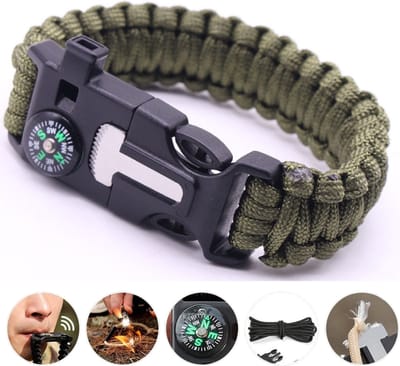 Outdoor survival Armband Legergroen - 5 in 1 met Vuursteen (magnesium stick), Paracord, Kompas, Noodfluit en Schraper