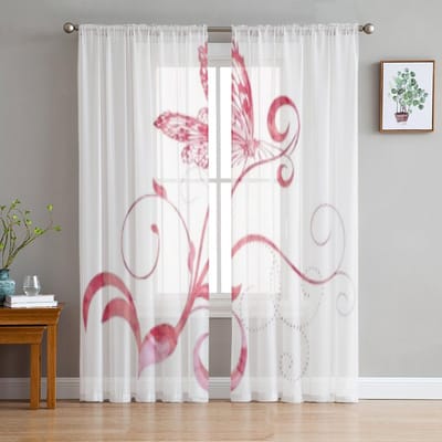 Rood Roze Vlinder Curves Aquarel Chiffon Transparante Gordijnen voor Woonkamer Slaapkamer Raamgordijn Voiles Tule Cortinas 135W x 114H(cm)
