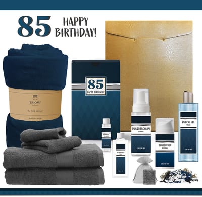 Geschenkset “85 Jaar Happy Birthday!” - 11 Producten - 2000 Gram | Giftset voor hem - Luxe wellness cadeaubox - Cadeau man Verjaardag - Veertig - Gefeliciteerd - Gift Eighty five years - Party - Cadeaupakket Deluxe - Vriend - Verjaardagscadeau -Blauw