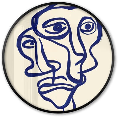 Poster in lijst Rond - Fotolijst 60x60 cm - Posters - Lijntekening - Overlappende gezichten - Donkerblauw - Ronde posterlijst zwart - Decoratie - Wanddecoratie woonkamer - Muurdecoratie slaapkamer