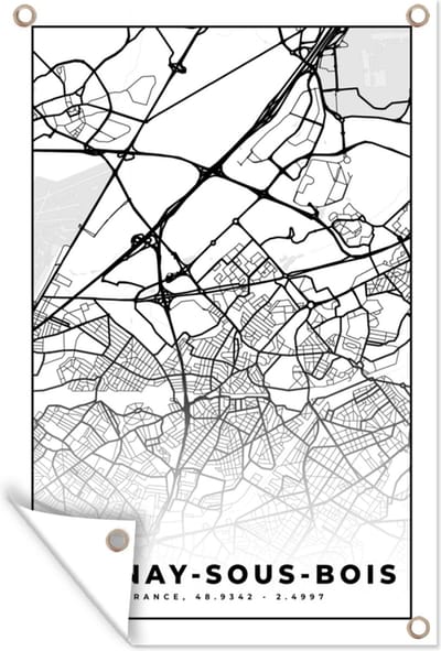 Muurdecoratie Frankrijk - Plattegrond - Stadskaart - Aulnay-sous-Bois - Kaart - Zwart wit - 120x180 cm - Tuinposter - Tuindoek