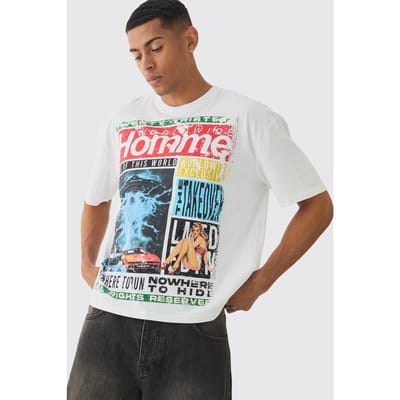 Oversized Boxy Homme Magazine Graphic T-Shirt | White | Size XS