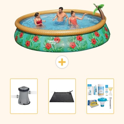 Bestway Rond Opblaasbaar Fast Set Zwembad - Paradijsprint - 457 x 84 cm - Inclusief Pomp - Solar Mat - Onderhoudspakket - 4-delig