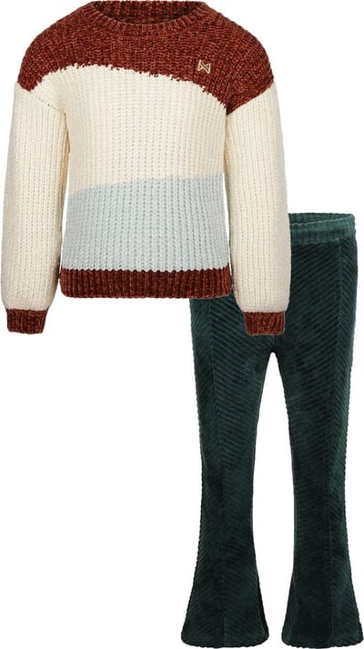 Koko Noko - Kledingset - 2delig - Flaired Broek Dark Green - Trui Dropped Shoulder Congnac - Maat 104