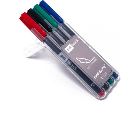 PATboard - modubooq - Niet-permanente marker pen set - 4x - Rood, groen, zwart (0.6mm) & blauw (2.5mm)