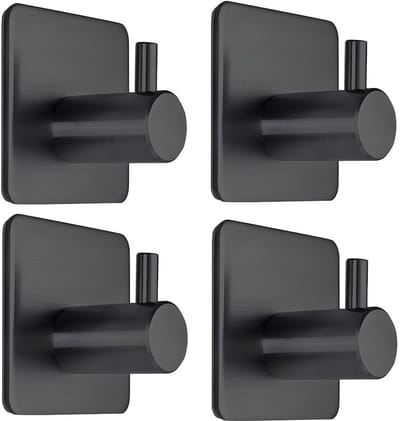 PolkaHome® 4 stuks Roestvrij Staal Zelfklevende Haakjes Extra Sterk - Haken, Handdoek, Theedoek Badkamer Keuken - Zonder Boren, Keukenhaken, Kledinghaken, Waterdicht & Verwijderbaar - Klevende Haak, Plakhaakjes, Klevende Spijker (Zwart)