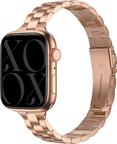 xoxo Wildhearts fijn stalen bandje (rosé goud) - geschikt voor Apple Watch bandje - Series 1/2/3/4/5/6/7/8/9/10/11/SE - 38/40/41/42mm - RVS metalen schakelbandje met vlindersluiting - Smalle stalen band - iWatch steel strap - Horlogeband - Rosé goud