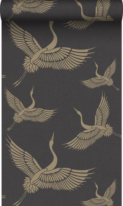 Origin Wallcoverings behang kraanvogels zwart en beige - 50 x 900 cm - 347810