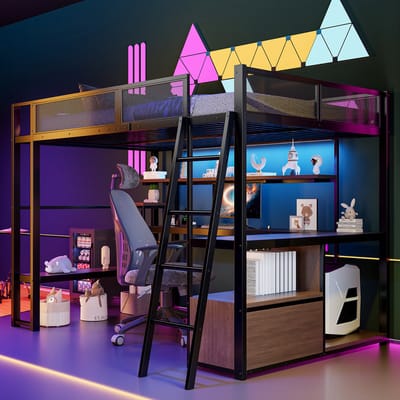 Metalen hoogslaper 140x200 - Hoogslaper met geïntegreerd bureau - Hoogslaper met veel opbergruimte - Zwart met ledverlichting en laadstation