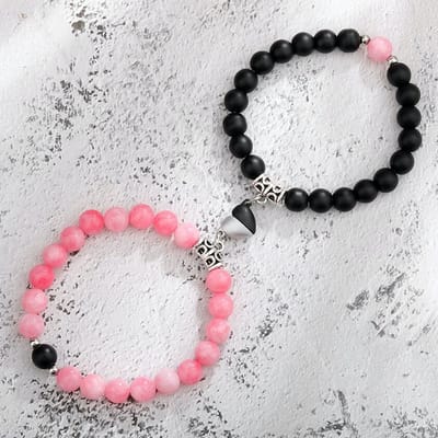 Magnetische Hartjes Kralen Armband Set voor Hem en Haar - Zwart / Roze- Romantisch Liefdes Cadeau - Valentijnsdag - Valentijn Cadeautje voor Mannen