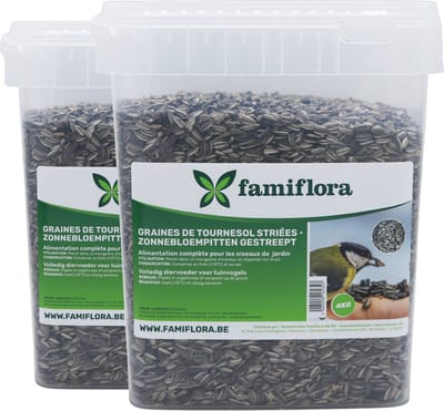 Famiflora Gestreepte Zonnebloempitten 8kg (2x 4kg Emmer) - Hersluitbare Verpakking - Vers & Voedzaam - Essentieel Wintervoer