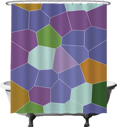 Ulticool Douchegordijn - Pentagon Hexagon Aesthetic - Vormen en Kleuren - 180 x 200 cm - met 12 ringen - Anti Schimmel - Waterdicht & Wasbaar - Semi Transparant - Lila Paars Oker Groen