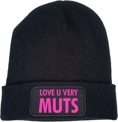 Love u very muts wintermuts zwart | fluor roze - soBAD. | Wintersport | Après ski verkleedkleren | Unisex | Heren en Dames Beanie