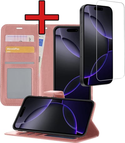 Hoesje - Met Screenprotector - Geschikt voor Apple iPhone 16 Pro - Luxe Pasjeshouder - Flipcase - Bookcase Portemonee - Flip Case - Kunstleer Book Case - Book Cover - Walletcase - Portemonneehoes - Telefoonhoes - Rosé goud
