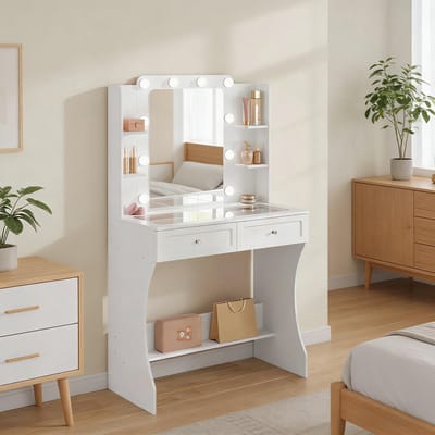 MIVRAY Kaptafel - Met LED Spiegel En Glazen Blad - Met 2 Lades En 4 Vakken Voor Slaapkamer - MDF - Wit - 80x40x135 cm