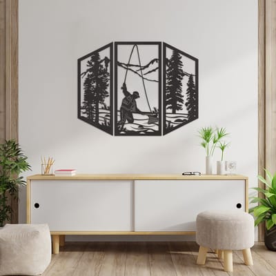 Wanddecoratie Visser - Muurdecoratie Vissen - Muurdecoratie Hout - Wanddecoratie Hout - Muurdecoratie Woonkamer - Wanddecoratie Woonkamer - Wanddecoratie Industrieel - Wanddecoratie Dieren - Home Decor - Wall Line Art - 75.5 x 59 cm