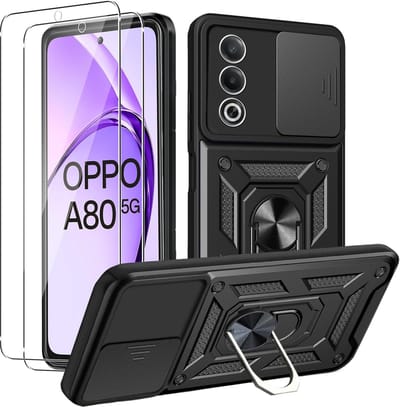 Casemania Hoesje Geschikt voor Oppo A80 - Zwart & 2x Glazen Screenprotector - Anti-Shock Hybrid Armor Back Cover - Hoes met Kickstand Ring en Camera Bescherming
