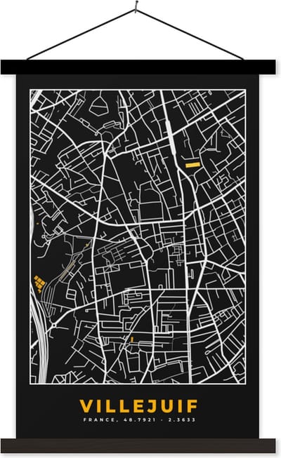 Posterhanger incl. Poster 40x60 cm - Schoolplaat - Villejuif – Plattegrond – Frankrijk – Kaart – Stadskaart - Textielposter - Zwarte latten - Stadskaart