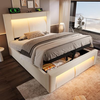BLACKCOLORS Eenpersoonsbed 90 x 200 cm met opbergruimte, hydraulisch bed, ledverlichting met bediening via app, USB- en Type-C-oplaadpoorten, fluweel, gebogen hoofdeinde, beige, zonder matras