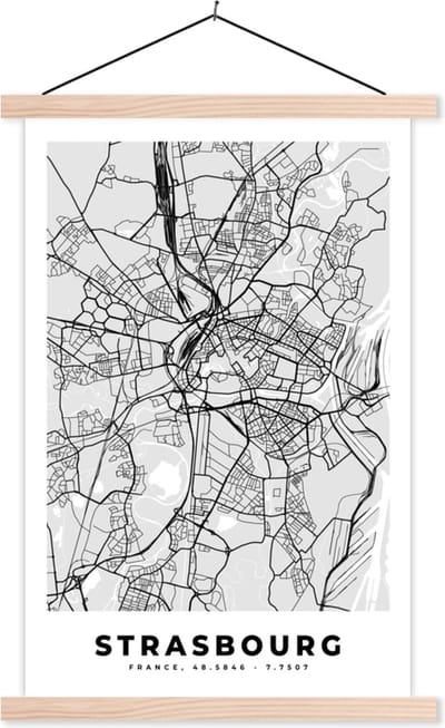 Posterhanger incl. Poster 40x60 cm - Schoolplaat - Kaart - Stadskaart - Strasbourg - Plattegrond - Frankrijk - Textielposter - Blanke latten - Stadskaart