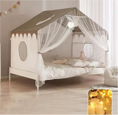 Muggennet Hemelbed - Bedhemel Klamboe - Kinderslaapkamer Inrichten - Kasteel Design Sterrenlichtjes - Volledig L - Grijs