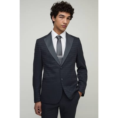 Skinny Tonal Houndstooth Single Breasted Jacket | Navy | Size 48
