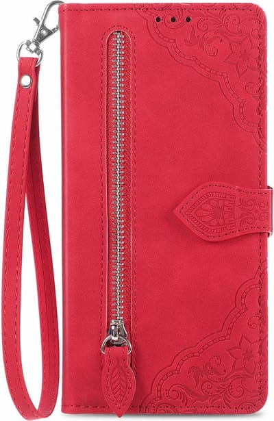 Telefoonhoesje geschikt voor de Samsung Galaxy A16 - Portemonnee met rits - book-case hoesje - ruimte voor 7 pasjes - mandala bloemen rood