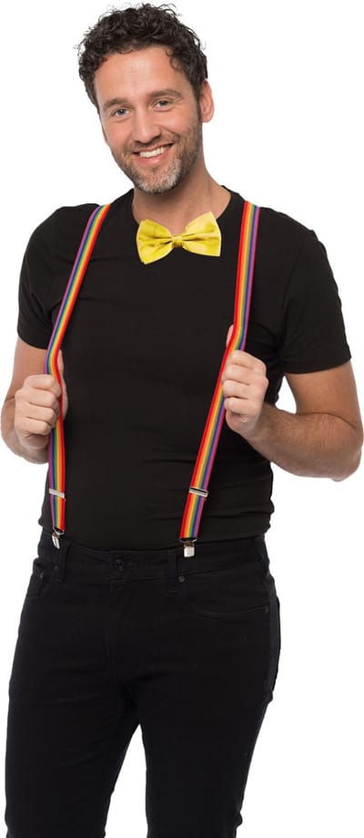 Carnaval verkleedset bretels en strik - regenboog - geel - volwassenen/unisex - feestkleding