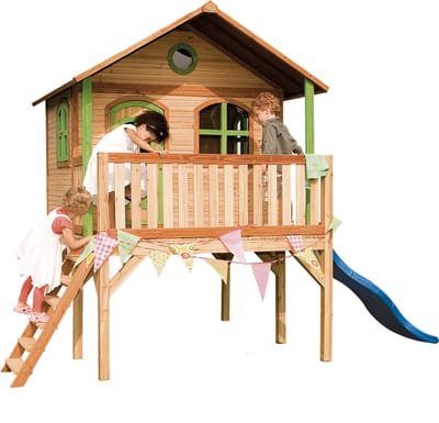 AXI Sophie Speelhuis Bruin/groen - Blauwe Glijbaan - Classic speelhuisje met verdieping en ladder – FSC hout - Speeltoestel voor kinderen