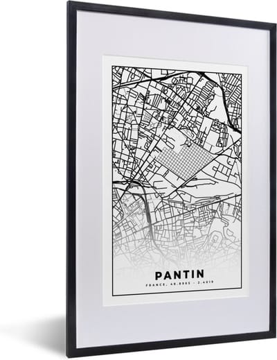 Fotolijst incl. Poster Zwart Wit- Stadskaart - Plattegrond - Pantin - Kaart - Frankrijk - Zwart wit - 40x60 cm - Posterlijst