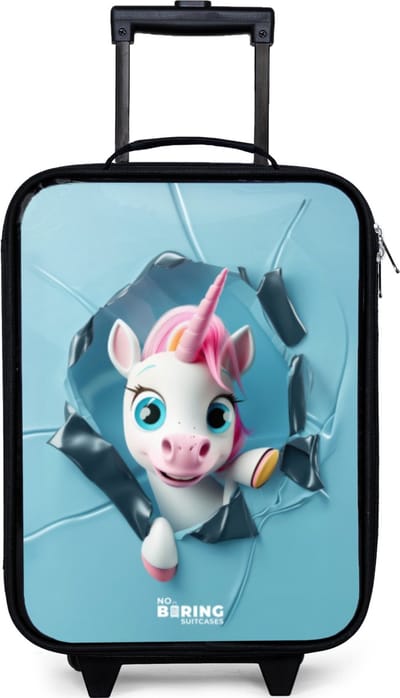 NoBoringSuitcases.com® - Kinderkoffer jongen - Kindertrolley meisje - Witte eenhoorn komt door blauw plastic - Koffer kind lichtgewicht - Reiskoffer trolley voor kinderen - Koffertje met lichtgevende wieltjes - Rolkoffer zwart