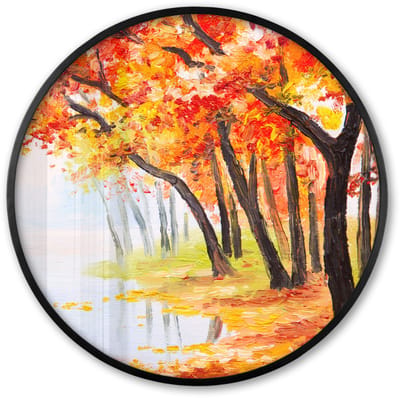 Poster in lijst Rond - Fotolijst 60x60 cm - Posters - Schilderij - Herfst - Bomen - Water - Olieverf - Ronde posterlijst zwart - Decoratie - Wanddecoratie woonkamer - Muurdecoratie slaapkamer