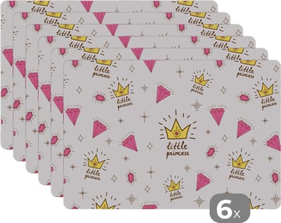 Placemat - Placemats kunststof - Prinses - Patronen - Quote - Kroon - 45x30 cm - 6 stuks - Hittebestendig - Anti-Slip - Onderlegger - Afneembaar