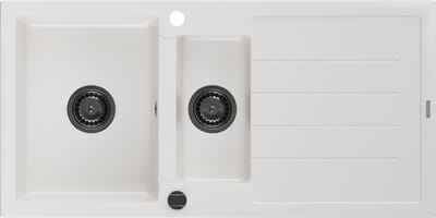 Mexen Andres granieten spoelbak 1,5-kamer met afdruiprek 1000 x 500 , wit, zwarte sifon - 6515101510-20-B