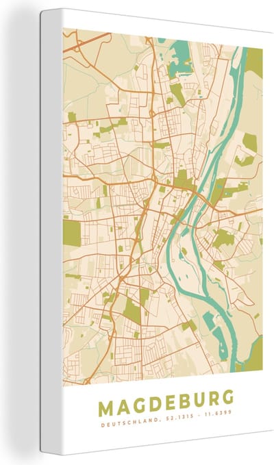 Canvas Schilderij Kaart - Magdeburg - Vintage - Plattegrond - Stadskaart - 20x30 cm - Wanddecoratie