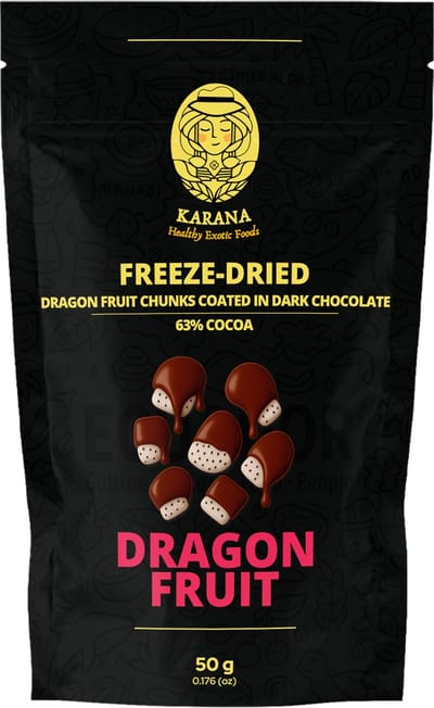 Karana Drakenfruit met 63% Chocolade | 3/9 Pack | Gezonde Snack | Gevriesdroogde Fruitstukjes | Witte Drakenfruit | 63% Cacao