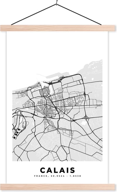 Posterhanger incl. Poster 40x60 cm - Schoolplaat - Plattegrond - Kaart - Stadskaart - Frankrijk - Calais - Textielposter - Blanke latten - Stadskaart